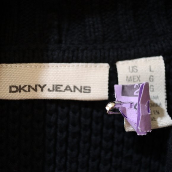DKNY Jeans Black Cable Knit Sweater Textured Waffle Rib Swirl Band Collar Large - Picture 7 of 13